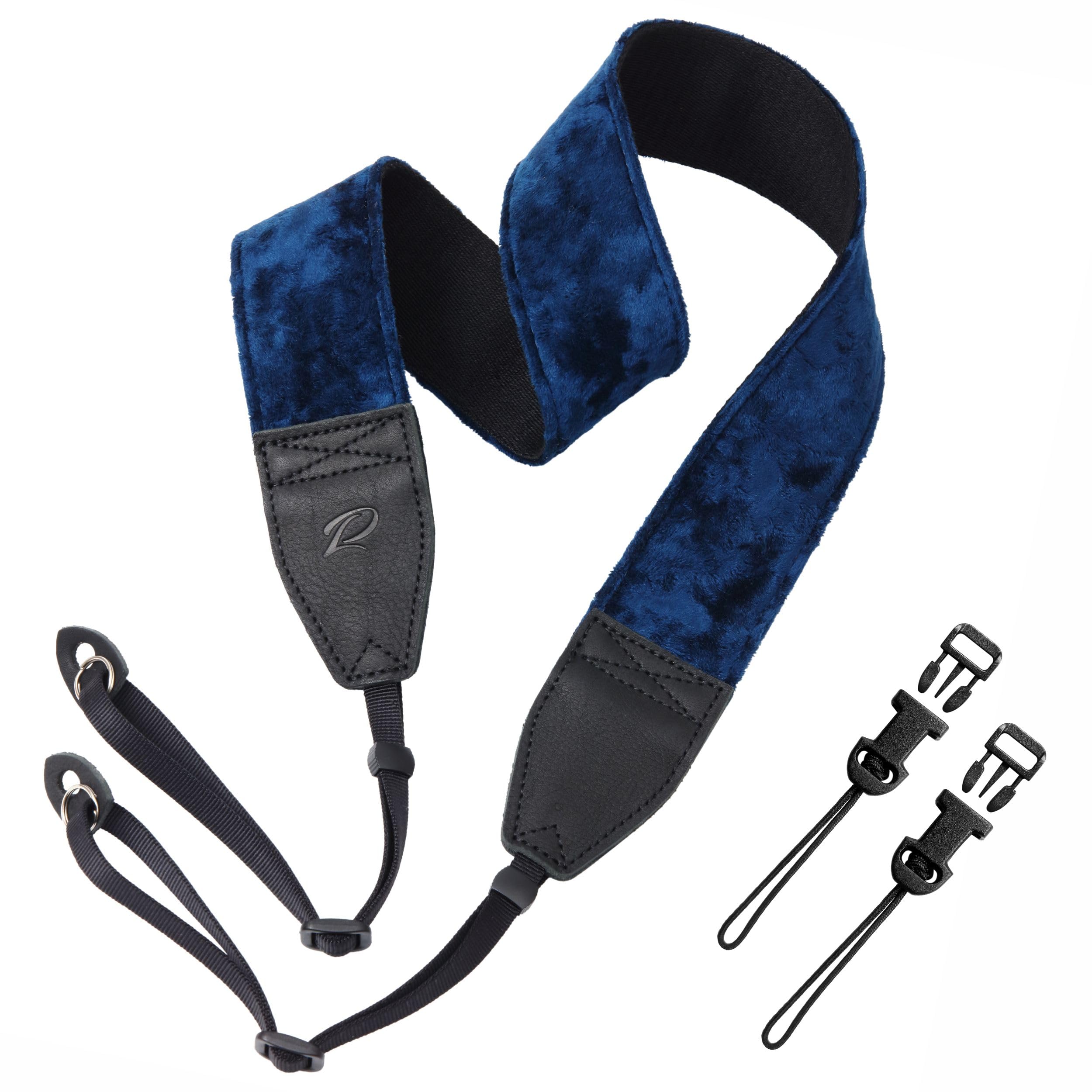 Padwa Lifestyle Dark Navy Blue Velvet Camera Strap - 2" Double Layer Full Grain Cowhide Leather Head Camera Straps for Photographers,Unique Soft Velvet Fabric with Quick Release fits all Cameras
