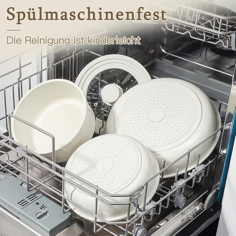 Granit Topfsets Pfannenset 15 Teiliges,Kochtöpfe Set Antihaft Kochgeschirr mit Abnehmbarem Griff,Für alle Herdarten geeignet,Spülmaschinenfest,Ofenfest(Weiß,15PCS)