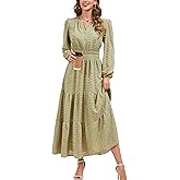 Kormei Womens Boho Fall Maxi Dress Long Sleeve V Neck Empire Waist Flowy A Line Tiered Wedding Guest Dresses with Pockets