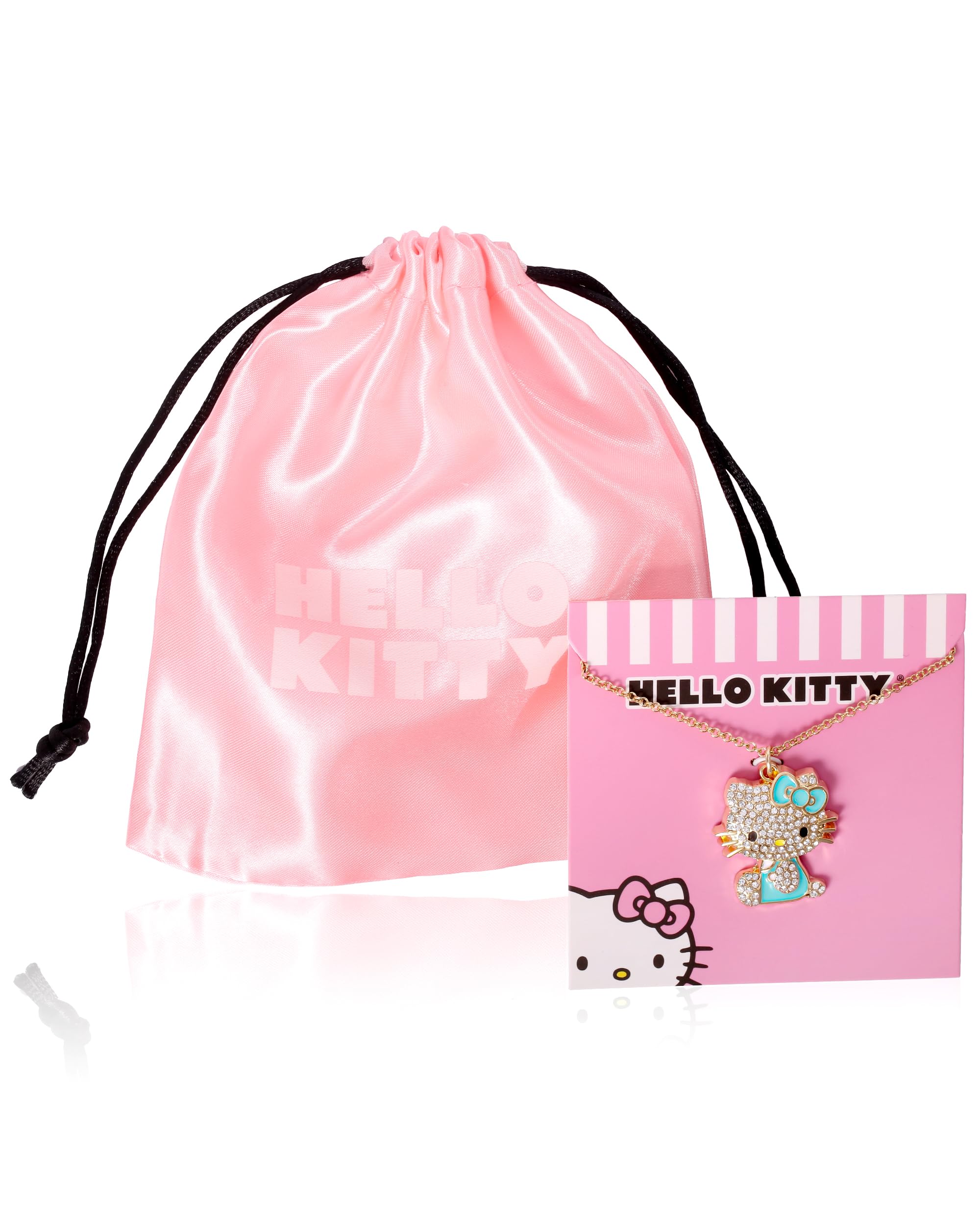 SALLY ROSE Hello Kitty Aqua Green Enamel and Pave Crystal Necklace Official License, Gold Plated 16+3 Hello Kitty Necklace, Sanrio Gifts