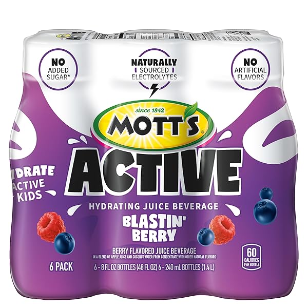 MOTT’S ACTIVE BLASTIN’ BERRY HYDRATING JUICE BEVERAGE, 8 FL OZ BOTTLES, 24 COUNT (4 PACKS OF 6), MADE WITH NATURALLY SOURCED ELECTROLYTES & COCONUT WATER, GLUTEN & CAFFEINE-FREE, KOSHER