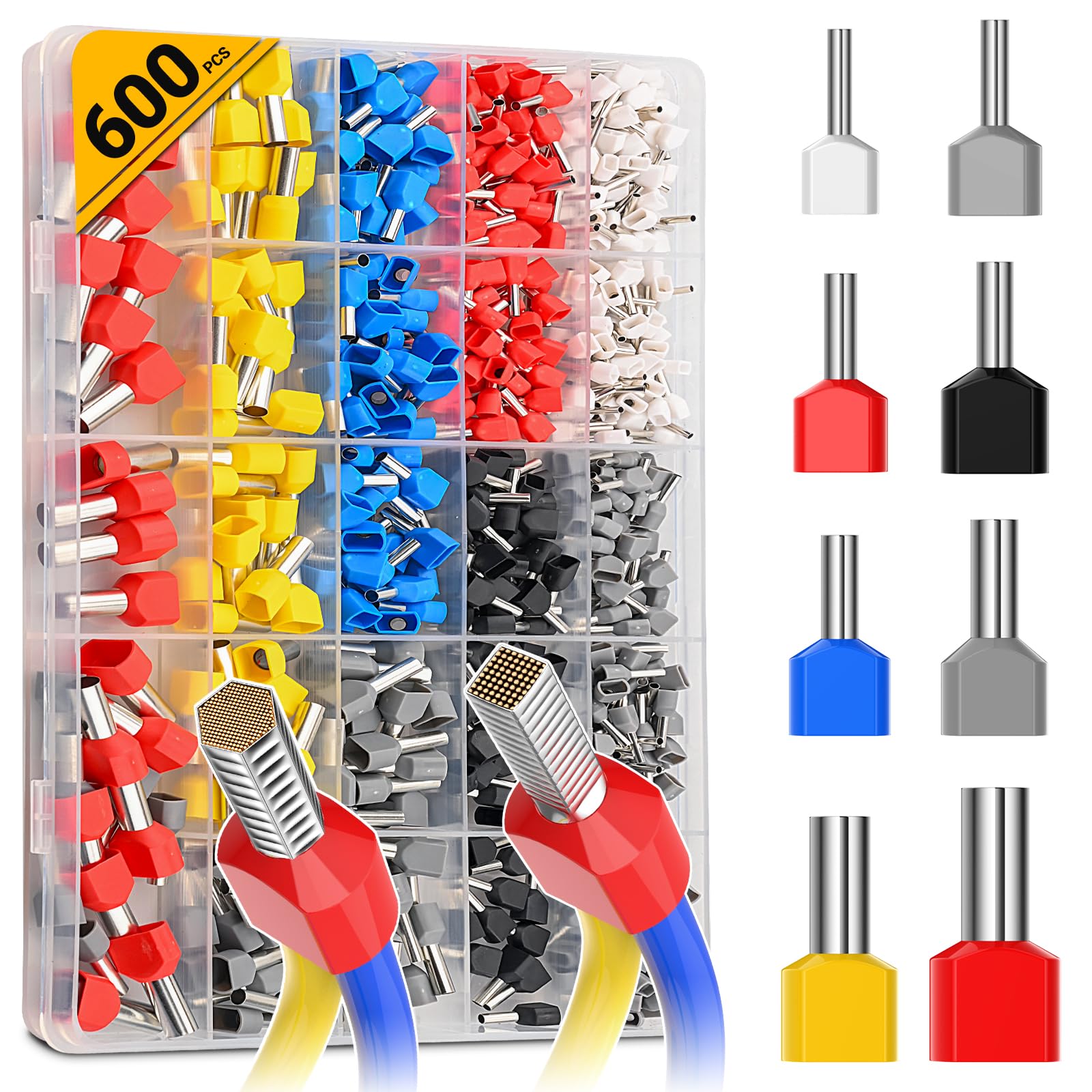 0.5-10mm² Twin Bootlace Ferrules, Preciva 600pcs Crimp Connectors, Dual Terminals,Double Wire Quick Connect, All Brass Core, High Insulation Protection