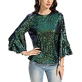 LADI TREND Womens Full Sequin Sparkle Tops Shimmer Glitter Round Neck 3/4 Sleeve Dressy Tops T-Shirt Tunic Blouse for Club Night(Green, XL)