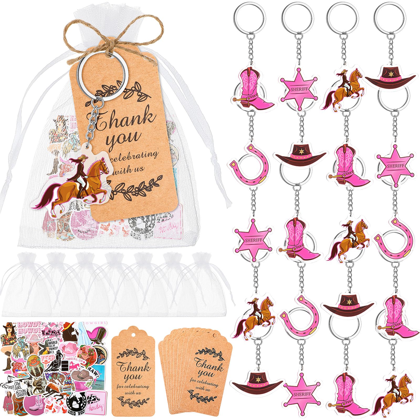 Photo 1 of Sasylvia 159 Pcs Cowgirl Party Favors Include 36 Pink Cowgirl Acrylic Keychains 36 Organza Bags 36 Tags 50 Stickers Rope Western Disco Horse Rodeo Derby Wild West Birthday Baby Shower Party Supplies