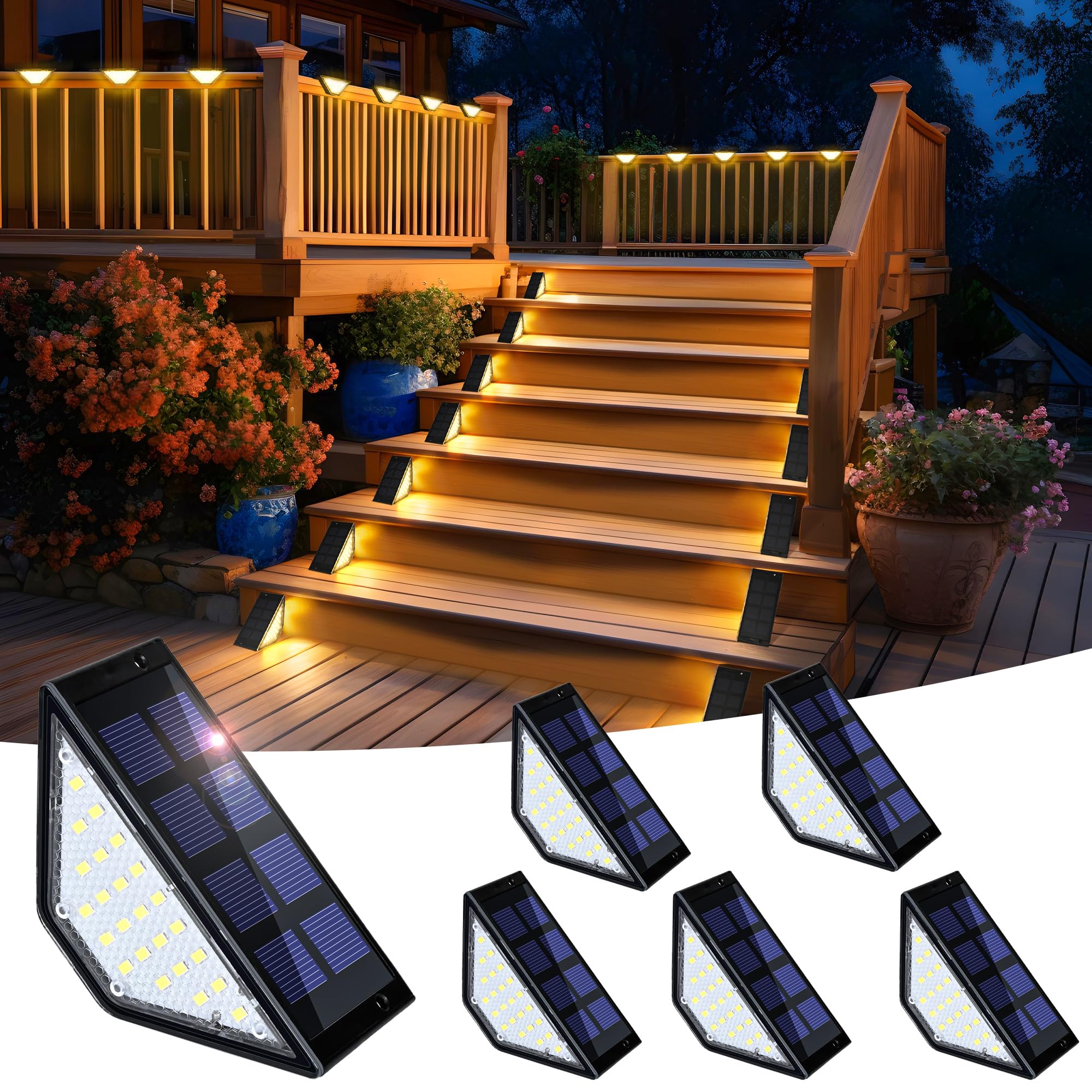 Solpex Solar Step Lights,24 LEDs Solar Deck Lights Outdoor Waterproof,Solar Lights Outdoor Decorations for Stairs, Step, Fence, Yard, Patio, and Pathway (6 Pack, Warm White, Black)