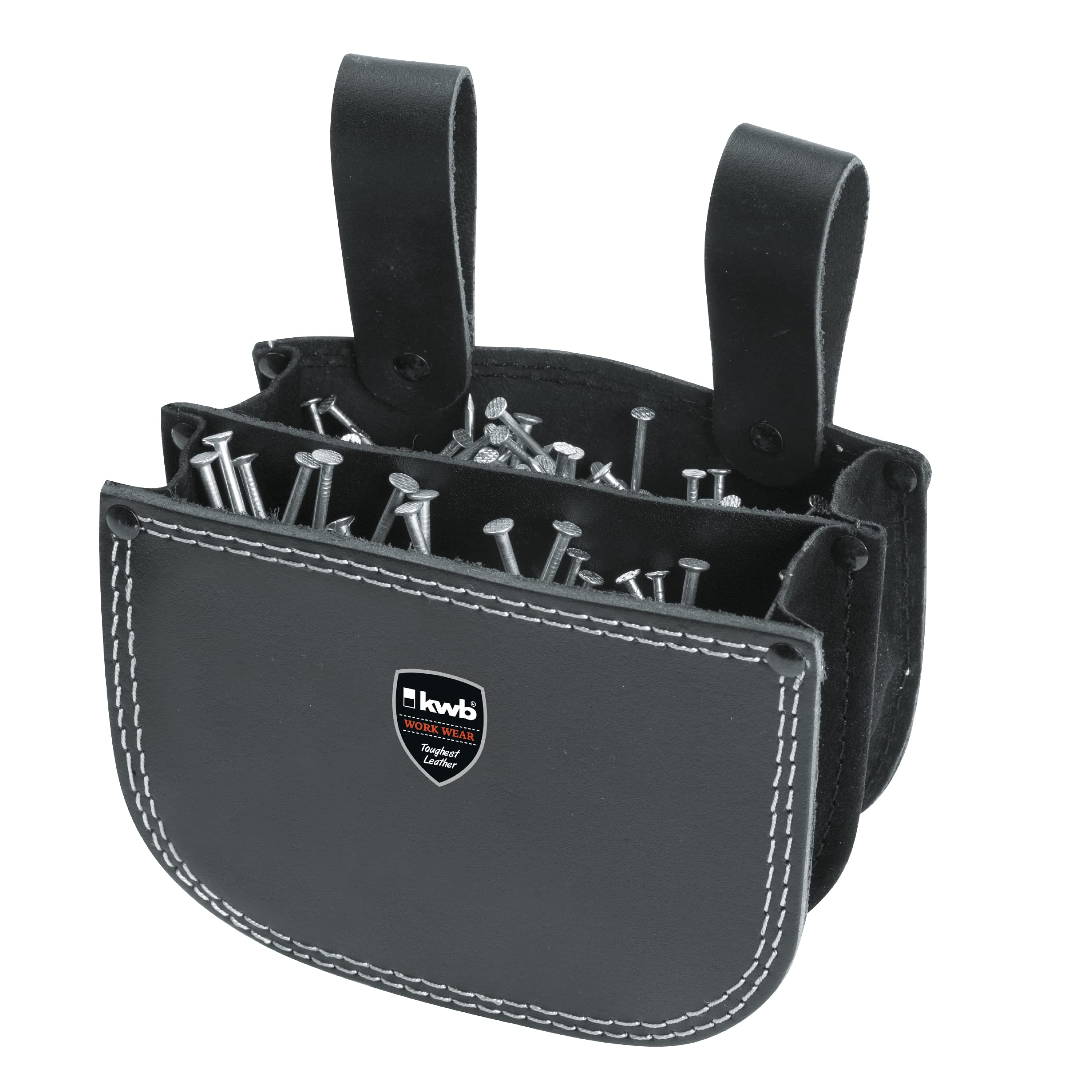 KWB DOUBLE COMPARTMENT LEATHER ROOFER'S NAIL BAG WITH BELT LOOP IN BLACK