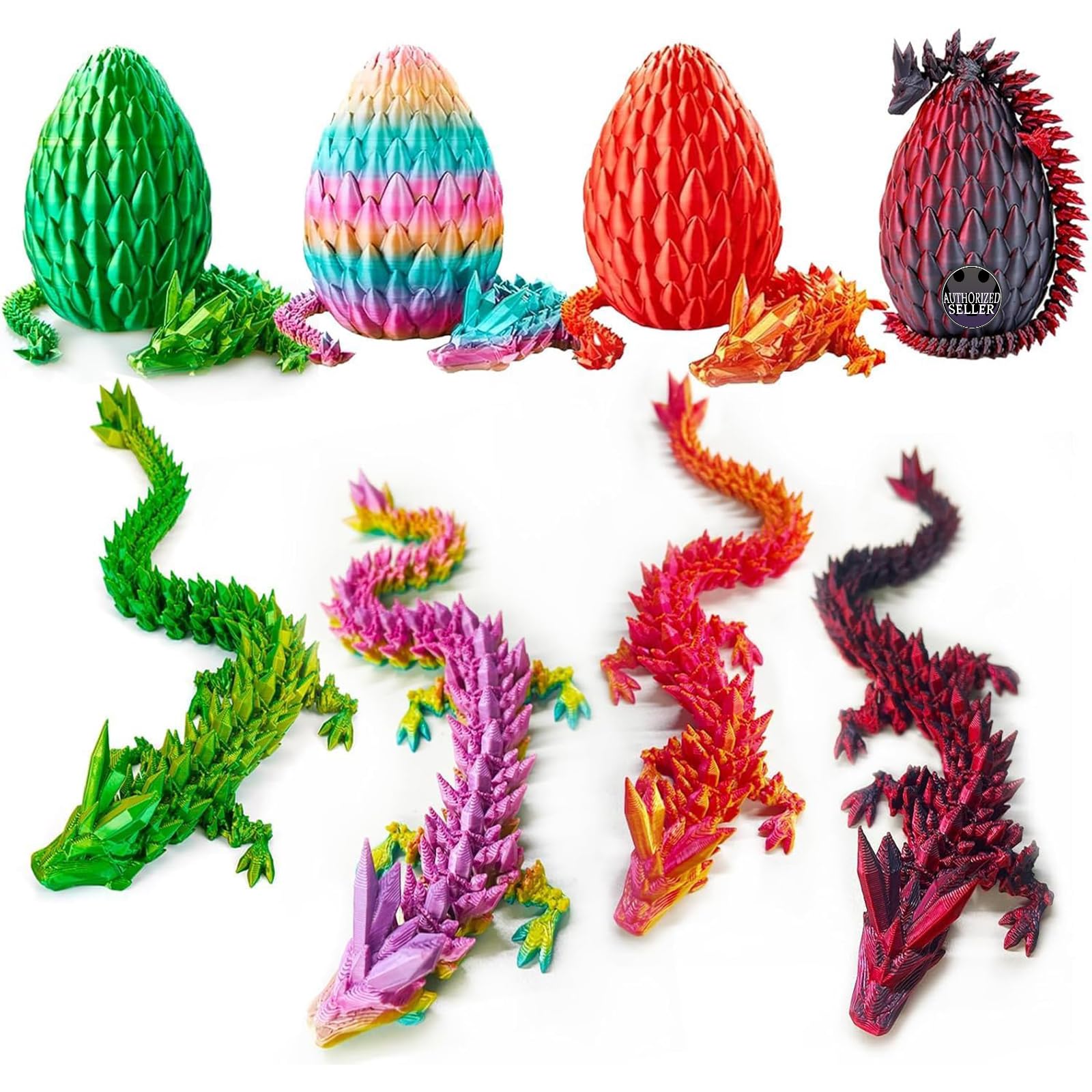 Merrwon 4PCS 3D Printed Dragon Eggs with Dragon Inside, 3D Printed Articulated Crystal Animals Easter Toys & Decor, Unique Easter Gift for Kids, Teens, Adults, Collectors