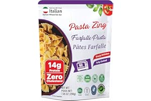 Pasta Zing Farfalle Pasta, Authentic Italian Al-Dente Texture, Ready in 1 Minute, 14g Protein 4g Fiber, Made with 100% Durum Wheat, Zero Sodium, Clean Label Shelf-Stable, 7.05 oz Pouch, Pack of 7