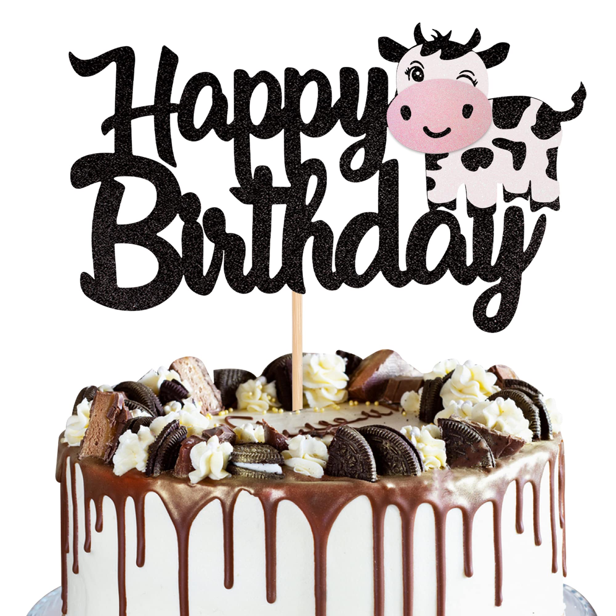 Xsstarmi 1 PCS Cow Happy Birthday Cake Topper Glitter Farm Animals Birthday Cow Cake Pick Cake Decorations for Cow Theme Baby Shower Kids Boys Girls Birthday Party Supplies