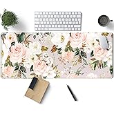Pink Flowers Keyboard Pad PC Gaming Desk Mat Desk Mouse Pads Green Leaves Floral Mouse Pad Large, Computer XL Big Mousepad Deskpad Mat with Stitched Edge for Women Home Office Decor 31.5x11.8 in