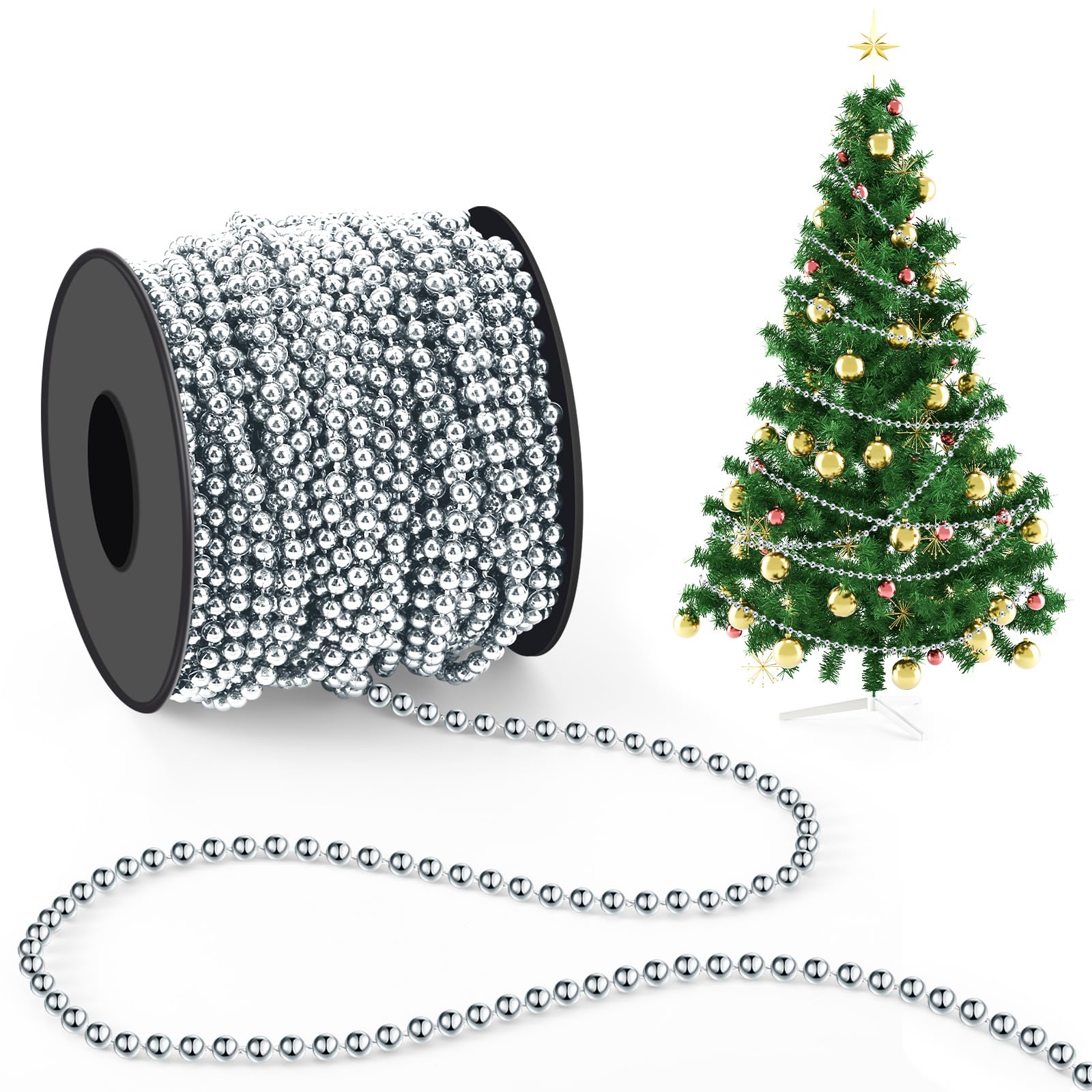 Chuangdi 1 Roll/ 21m Christmas Bead Chain 4mm Sliver Hanging Decoration Christmas Tree Ornaments Plastic String Garlands for Craft Xmas, Stairs, Wedding, Costume, DIY Party Supplies — image 1