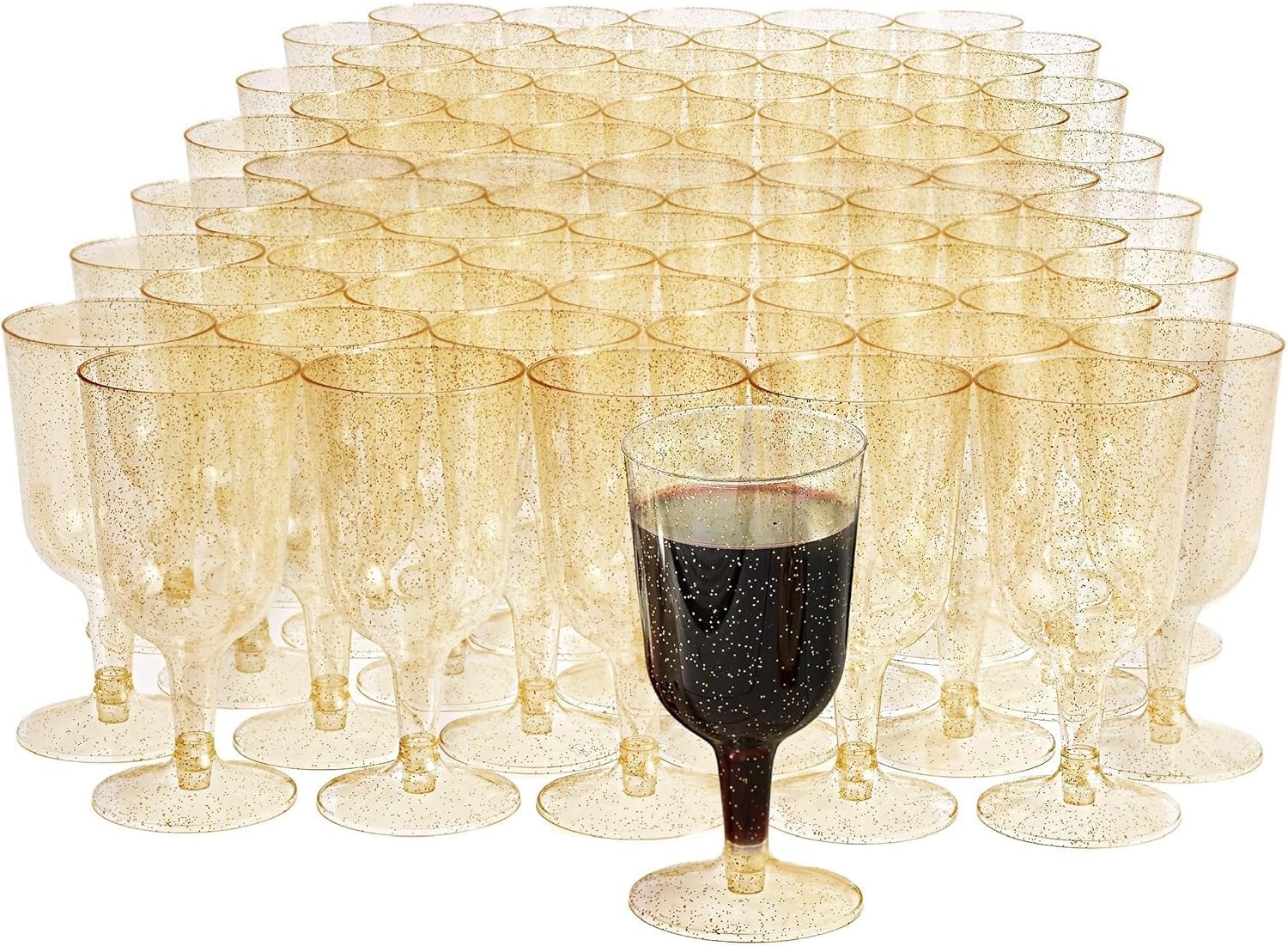 MATANA 50 Premium Plastic Wine Glasses with Gold Glitter (180ml) - Reusable Hard Plastic Wine Cups for Cocktails, Dessert, Large Parties, Weddings, Birthdays, Picnic