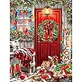 Springbok Home for The Holidays 500 Piece Jigsaw Puzzle - Colorful Illustration of Red Cabin Door Decorated for The Holidays