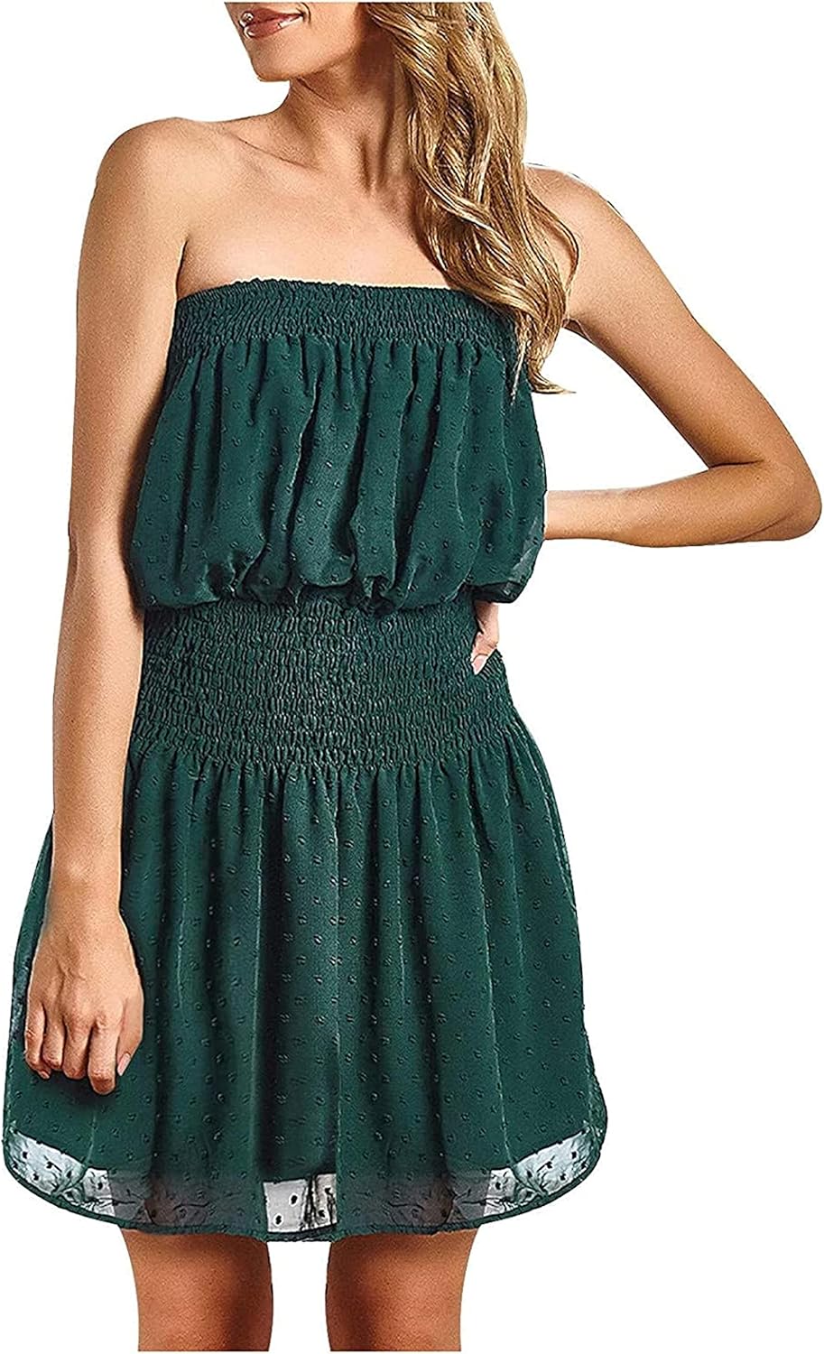 Strapless Tube Top Dress Women Casual High Waist Solid Sundress Veil