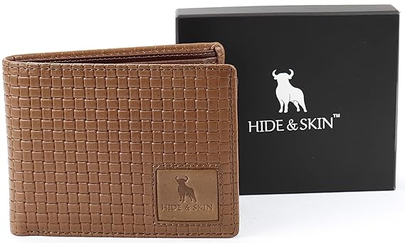 HIDE & SKIN Men TAN Leather RFID Blocking Antonio Wallet(10 Card Slot)