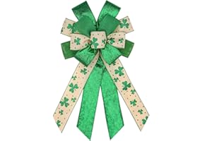 BUVANE St. Patrick's Day Wreath Bow,12 x 20 Inches Large Green Shamrock Irish Holiday Decoration Bow with Streamer Wired Edge