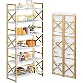 4NM 6 Tiers No Assembly Book Shelves, 61.8" H Folding Bookshelf Bookcase Open Industrial Foldable Shelves for Bedroom, Living Room, Home Office - White Gold