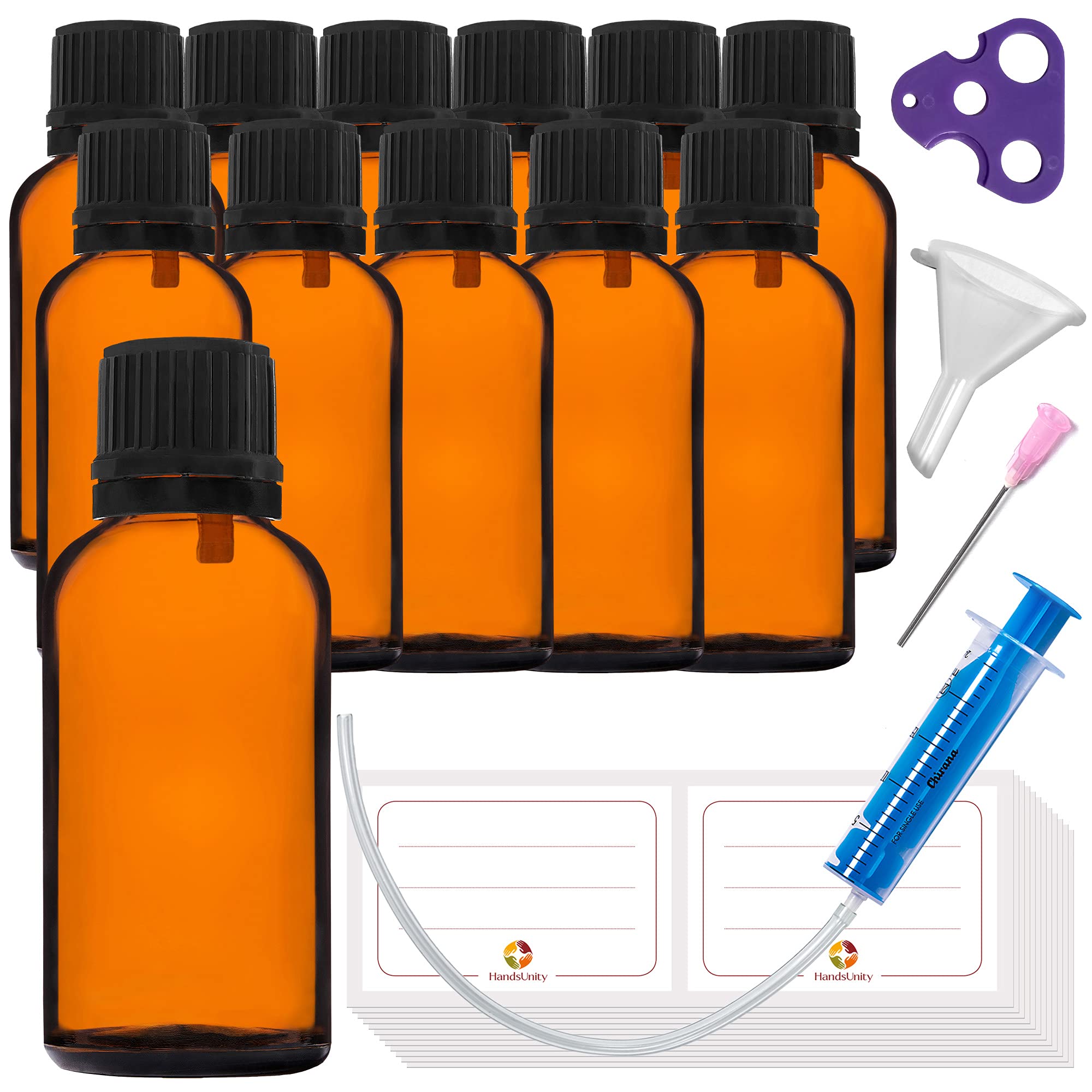 HandsUnity 30ml-12pcs Dropper Insert Bottle Small Amber Glass Bottle – Apothecary Glass with Black Dropper Insert Cap made of Brown Glass set including 30 auxiliary Accessories