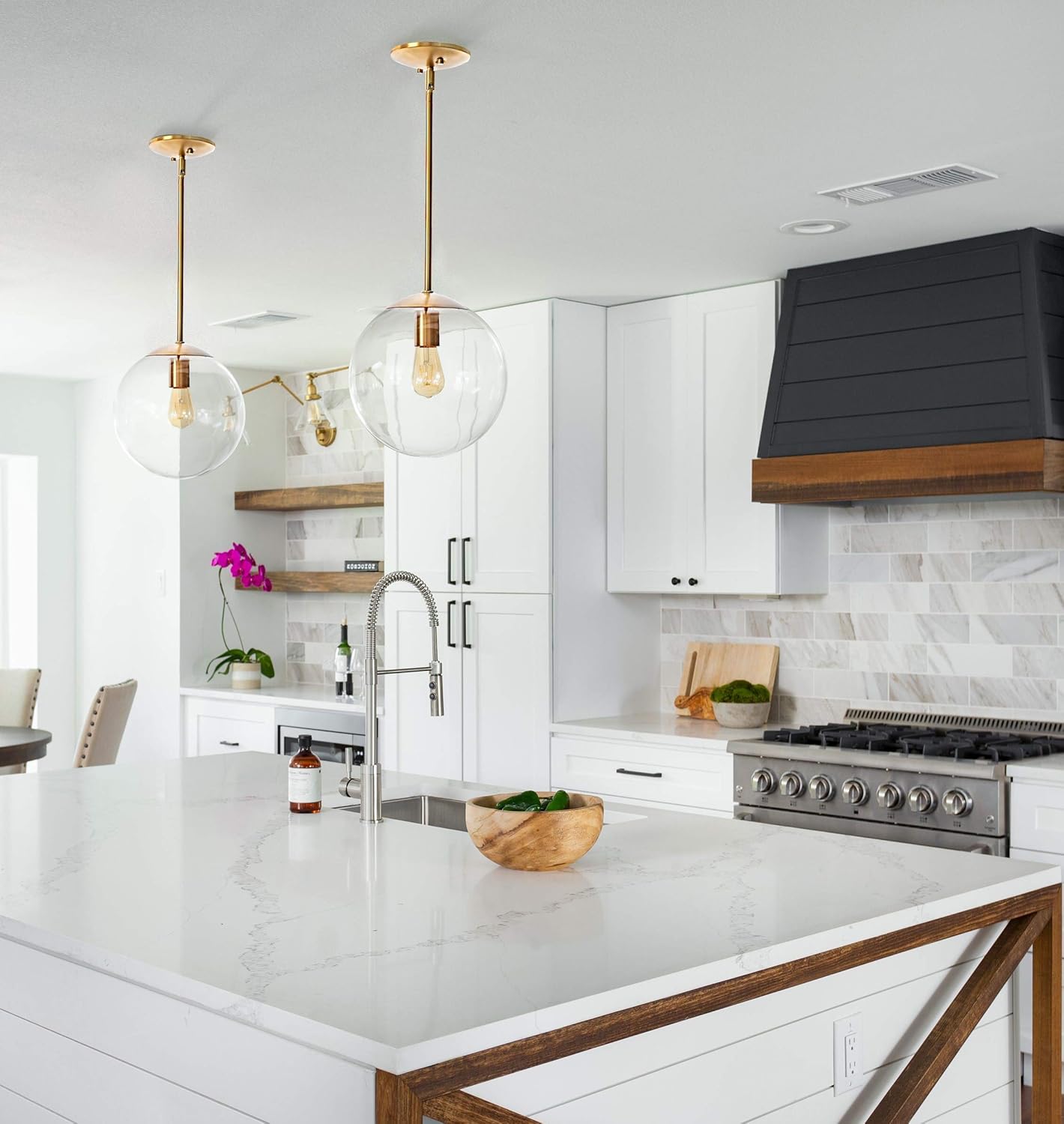 MOTINI Large Globe Pendant Light Fixture 10 Inch, Gold Brushed Brass with Clear Glass Shade, Single Ceiling Hanging Pendant Lighting for Kitchen Island Dining Room - - 