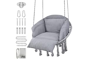 ZENPETIO Hanging Chair, Macrame Hammock Hanging Swinging Chair with Oversized Cushion & Mounting Hardware, Handwoven Swing Chair for Bedroom, Patio, Balcony, Garden, Living Room, Max 350 Lbs, Grey