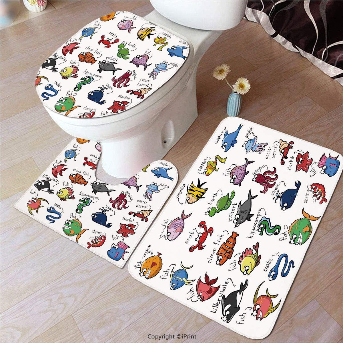 №03438 3 Piece Bathroom Mat Set, Bath Mat, Bathroom Carpet Rug, Non-Slip,Nautical Decor For Kids,Aquarium Cartoon Octopus Dolphin Shark Whale Clown Fish Jellyfish Crab Marine, For Tub, Shower, Bathroo