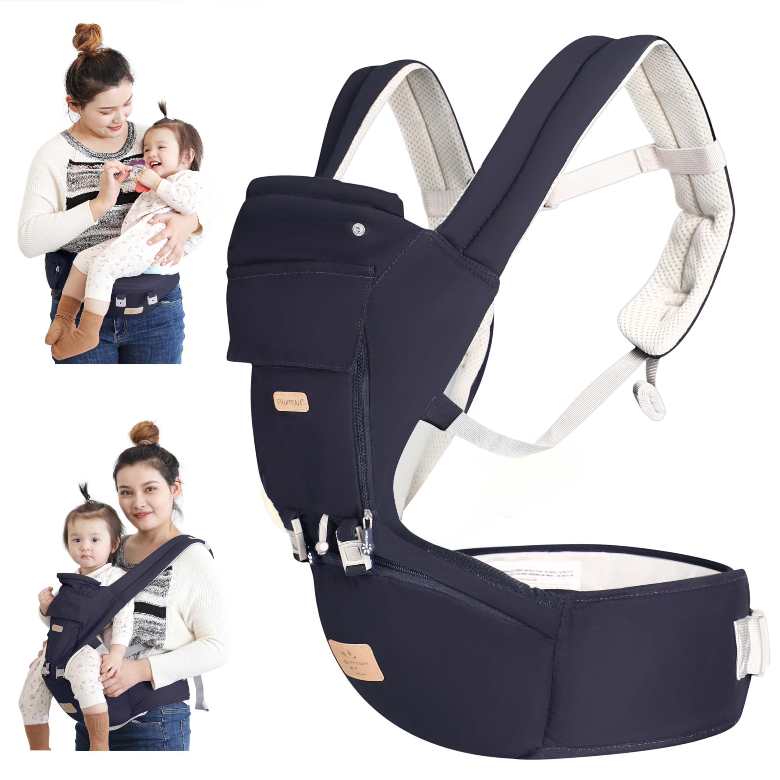 Photo 1 of FRUITEAM 6-in-1 Baby Carrier with Waist Stool, Adjustable for Breastfeeding, One Size Fits All - Adapt to Newborn, Infant & Toddler (Navy)