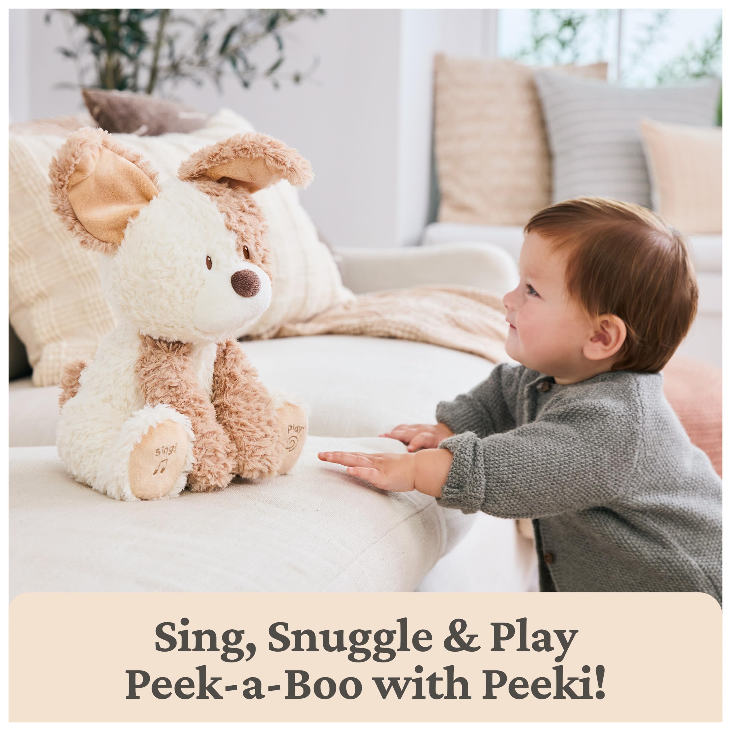GUND Baby Peeki The Puppy Animated Plush, Singing Stuffed Animal, Sensory Toy for Babies and Toddlers, Plays Peek-a-Boo and Sings, Brown/Cream, 12”