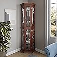 BELLEZE Lighted Wooden Corner Display Curio Cabinet, Two Section Shelving Unit with Tempered Glass Door, Bar and Liquor Storage Area with 6 Shelves - Lorona (Walnut)
