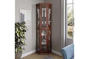 BELLEZE Lighted Wooden Corner Display Curio Cabinet, Two Section Shelving Unit with Tempered Glass Door, Bar and Liquor Storage Area with 6 Shelves - Lorona (Walnut)
