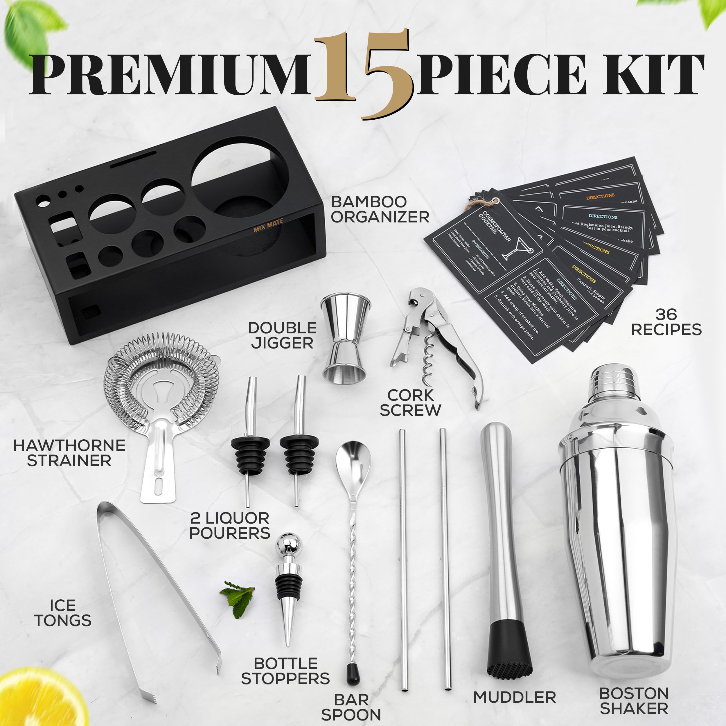 Mixology Bartender Kit with Stand - 15 Piece Bar Tool Set, Silver Bar Set Cocktail Shaker Set for Drink Mixing - includes Martini Shaker, Jigger, Strainer, Bar Mixer Spoon, Tongs, Opener | Gift Idea - Image 3