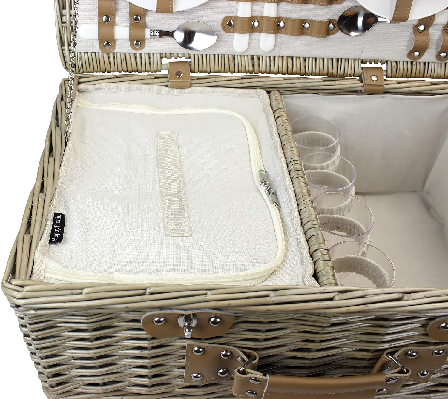 HappyPicnic 4 Persons Somerset Willow Picnic Basket, Wicker Hamper Set with Insulated Cooler Compartment(Grey Color) - Image 4