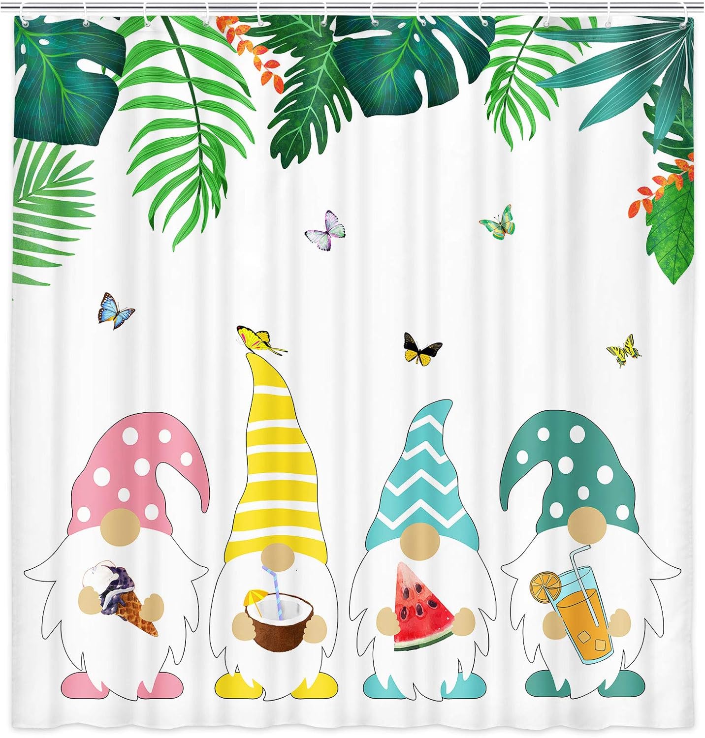 Gnome Beach Shower Curtain, Cute Gnomes with Tropical Palm Tree