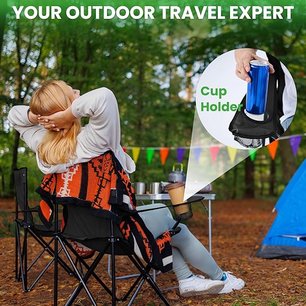 CANPSKY 2 PACK PORTABLE CAMPING CHAIRS FOLDING LAWN CHAIR OUTDOOR LIGHTWEIGHT BEACH CHAIR WITH CUP HOLDER & CARRY BAG FOR OUTSIDE SPORTS, FISHING, HIKING, TRAVEL, PICNIC, BACKYARD (BLACK-DARK)