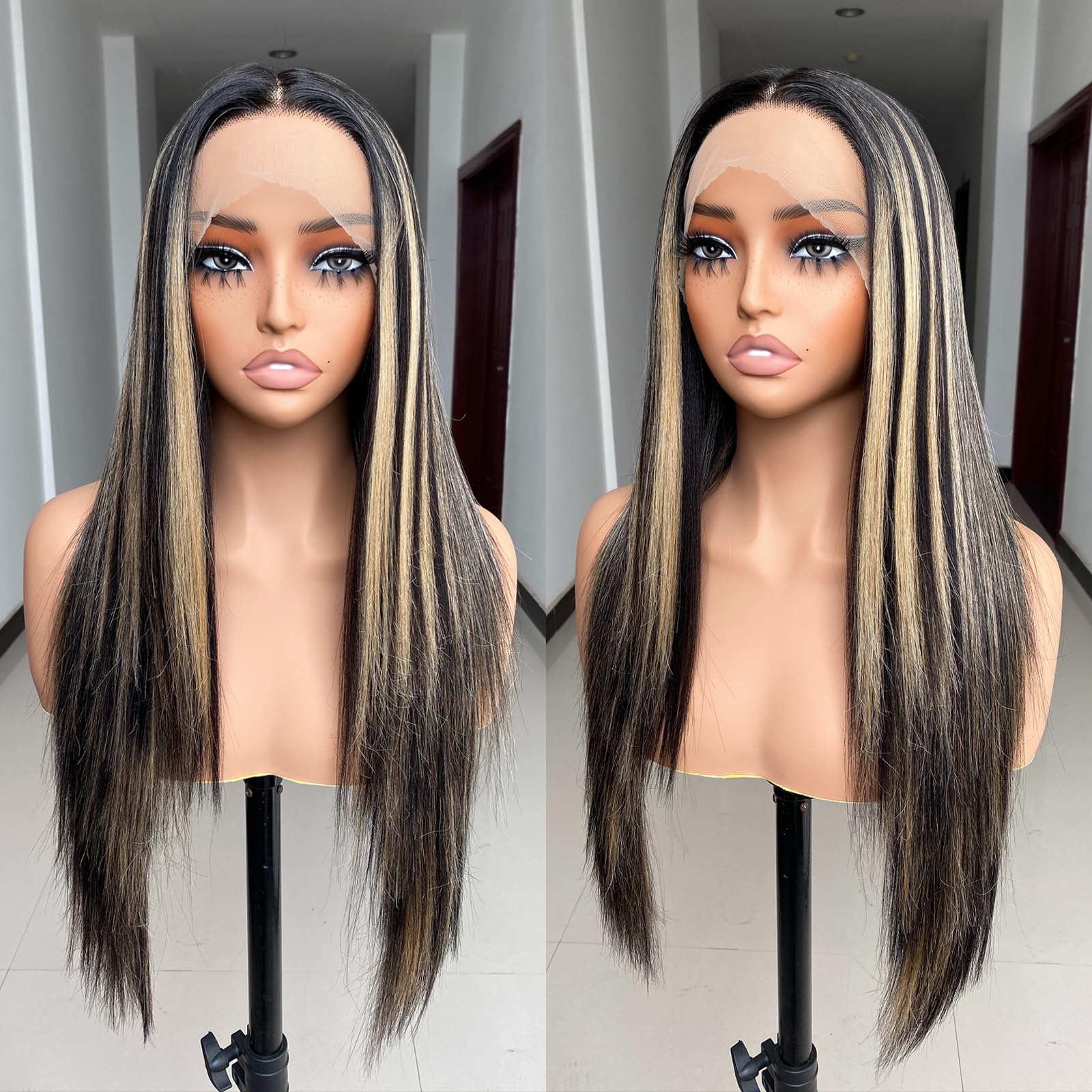 X-Tress Blonde Highlight Straight Lace Front Wig 13x4x1 T Part Lace Synthetic Wig for Women Wear and Go with Baby Hairline Long Middle Part (Blonde Highlight)