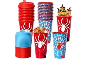FZR Legend 24 Pack Halloween Spider Web Party Favors Goodie Cups, 16OZ Reusable Red Blue Plastic Halloween Cups for Kids Party Supplies Decorations with Lids Stoppers