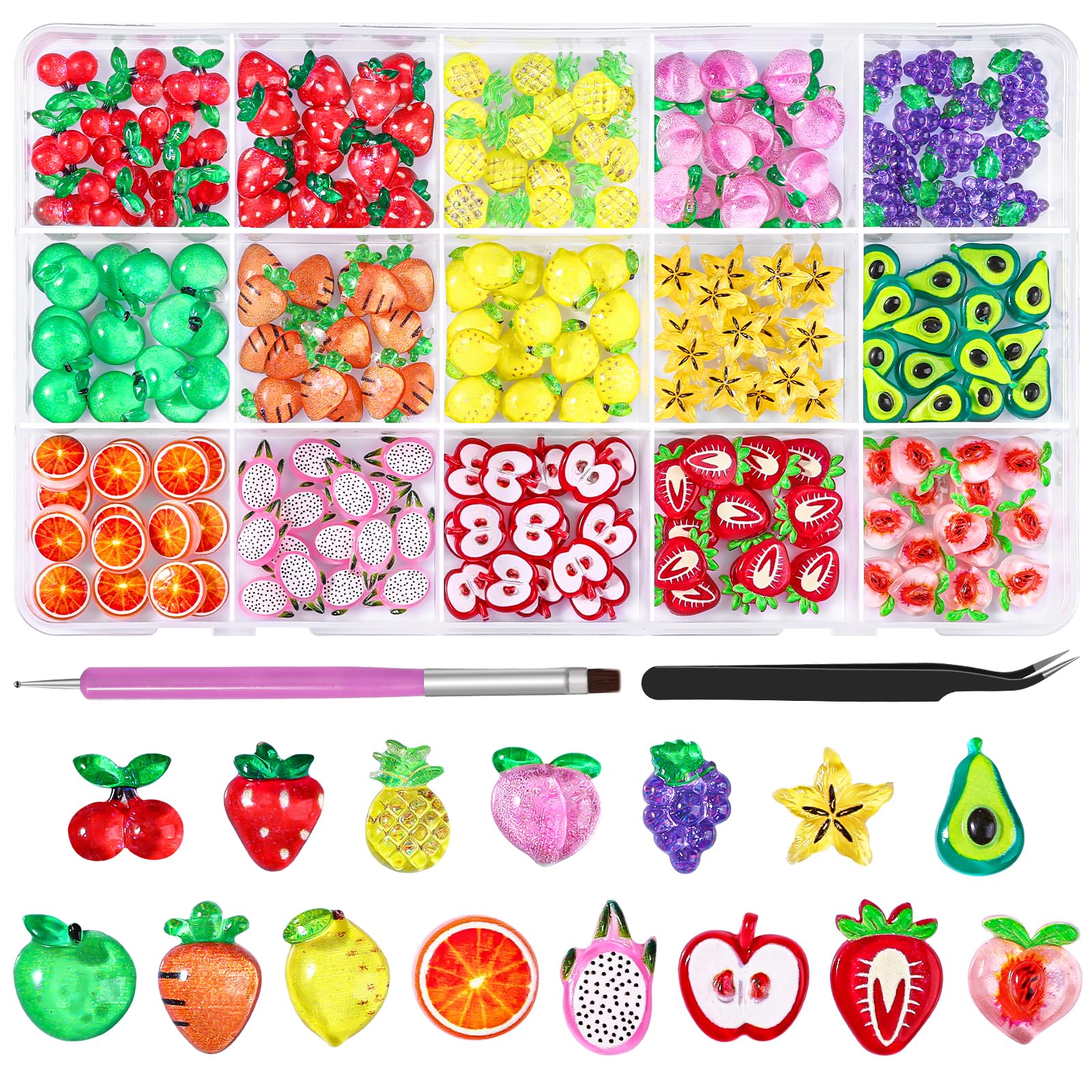 Photo 1 of 220Pcs 3D Cartoon Fruit Nail Art Charms,15 Grids Mixed Assorted Cherry Strawberry Pineapple Peach Grape Apple Carrot Lemon Avocado Orange Pitaya Star Fruit Nail Supplies with Pickup Tool (Fruit)