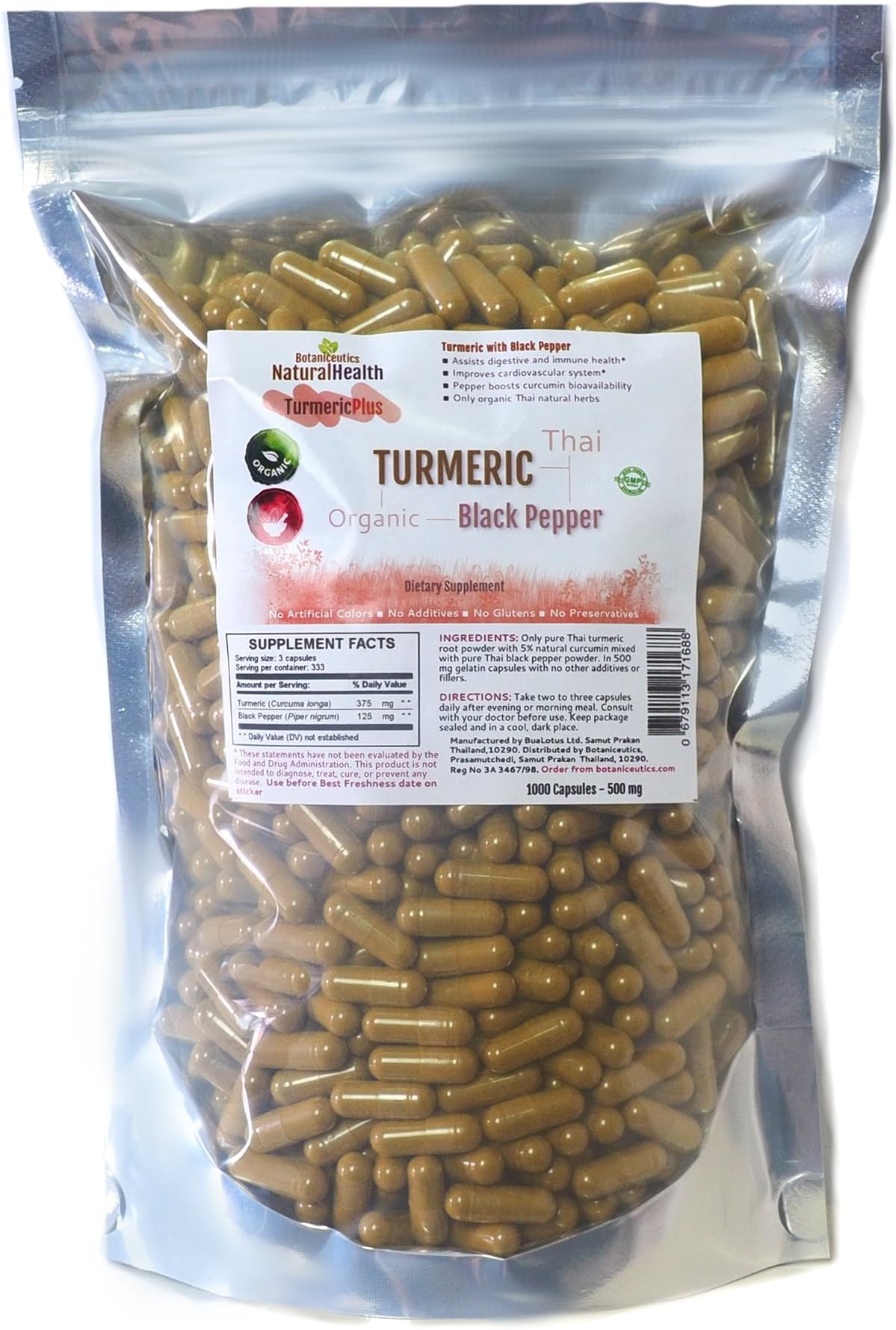 Botaniceutics Organic Turmeric and Black Pepper - 500 Mg - 1000 Capsules Value Pack. No additives, no fillers. Natural Curcumin and pepperine for Natural, Good Health.