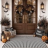 Moucuny Halloween Black and White Vertical Stripe Outdoor Rug 3' X 5' | Front Porch Door Mat Washable, Farmhouse Entryway Decor, Welcome Layering Mat for Themed Party Rustic Indoor Outdoor