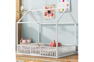 Merax Full Size Montessori Floor Bed, Metal House Bed Frame with Roof for Kids, Teens, Girls, and Boys, No Box Spring Needed, White