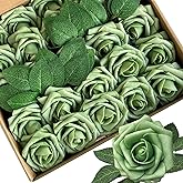 LCiclly 25pcs Artificial Flowers Foam Fake Rose with Stems 8 Leaves Real Looking Faux Roses for Wedding Bouquets Bridal Shower Centerpieces Arrangements Party Tables Decorations DIY (25, Elf Green)