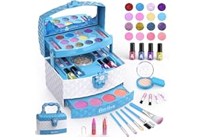 GirlsHome Kids Makeup Kit for Girl 35 Pcs Washable Toddler Makeup Kit, Girl Toys Real Cosmetic Little Girls Makeup Set, Safe & Non-Toxic Frozen Makeup Set for 3-12 Year Old Kids Birthday Gift(Blue)