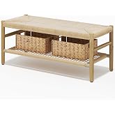 Recaceik Indoor Entryway Bench with Paper Cord Ottoman &amp; Grid Storage Rack and 2 Baskets, Mid-Century Long Bench with Rubber Wood Legs, French Vanity End Bed Bench for Bedroom Living Room Channel