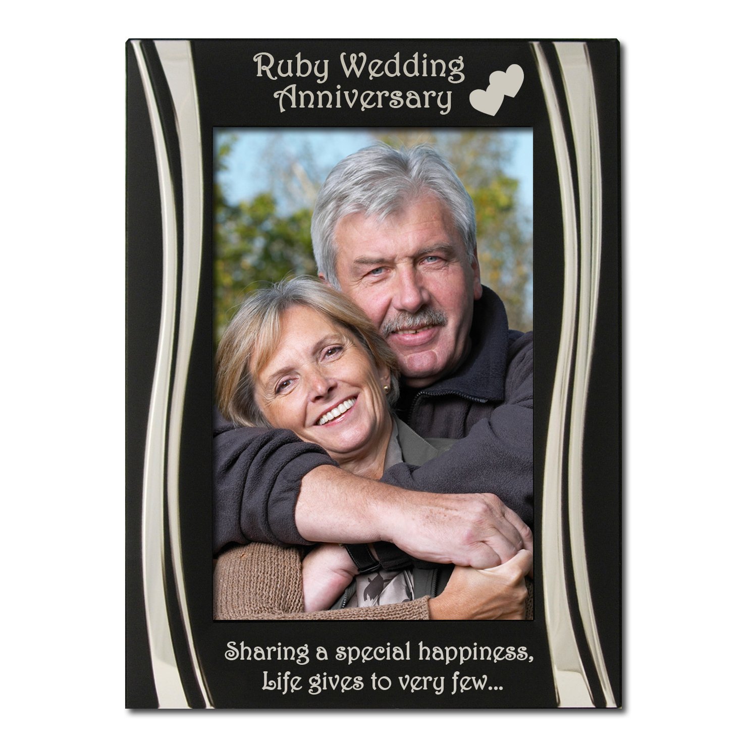 Ruby 40th Wedding Anniversary Photo Frame, Silver Plated, Velvet Backed, Black Matt and Silver, Engraved with "Ruby Wedding Anniversary" on the top with two hearts joined together and "Sharing a special happiness, Life gives to very few..."
