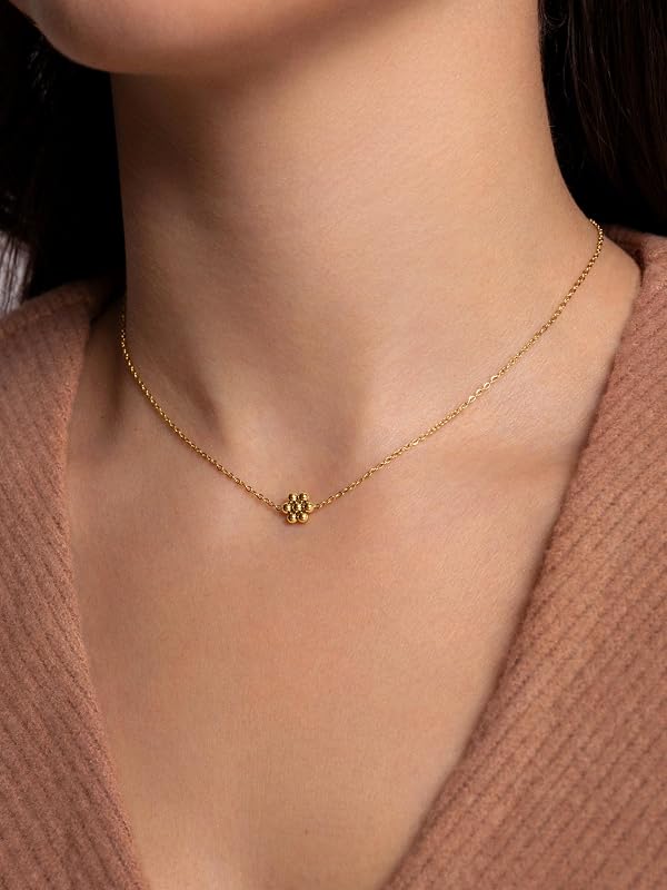 SINGULARU - Tiny Daisy Necklace - Colar de aço com acabamento banhado a ouro 18Kt - Colar de bolas - Joalharia feminina