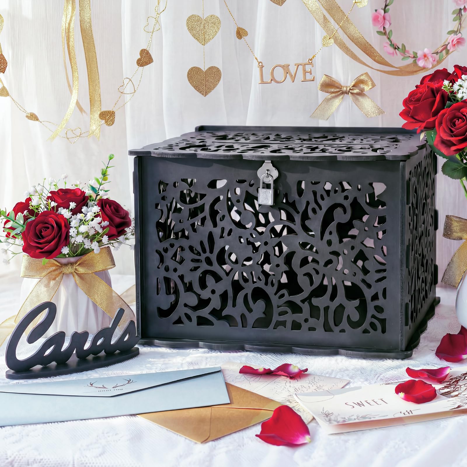 OurWarm Black Wedding Card Box with Lock, Elegant PVC Card Boxes for Wedding Decorations for Reception, Secure & Versatile Gift Boxes, Ideal as Honeymoon Fund Box for Parties and Events