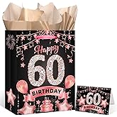 Rumia Rose Gold 60th Birthday Gift Bag with Happy 60th Birthday Greeting Card and Tissue Paper for Women Rose Gold 60 Years Old Gift Wrap Bag for Christmas 60 Bday Party Decorations Supplies