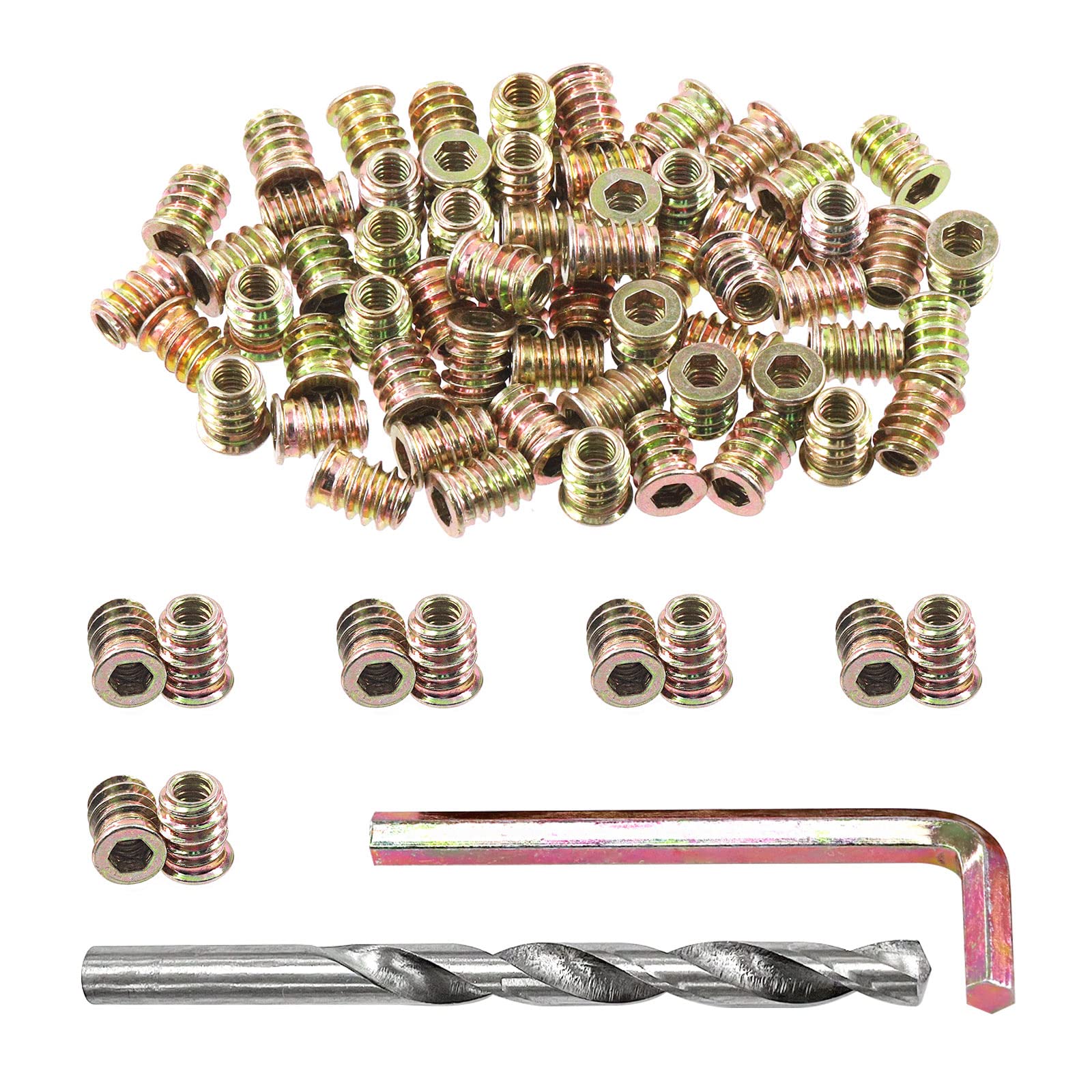 Swpeet 60Pcs 1/4" - 20 x 15mm Carbon Steel Color Zinc Plated Wood Inserts and 11mm Twist Drill with 1Pcs Wrench Assortment Kit, Bolt Furniture Screw in Nut Threaded Fastener Connector Hex Socket Drive