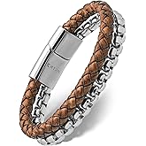 RTZN® Brown Leather Bracelet for Men – Premium Artisan Handcrafted Mens Leather Bracelet – Multi-Stand Mens Bracelet Leather Collection | Beaded Tiger Eye, Silver Chain, and Braided Brown Leather