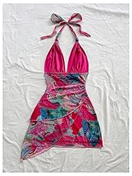 BEAUDRM Women's Floral Print Sleeveless Halter Deep