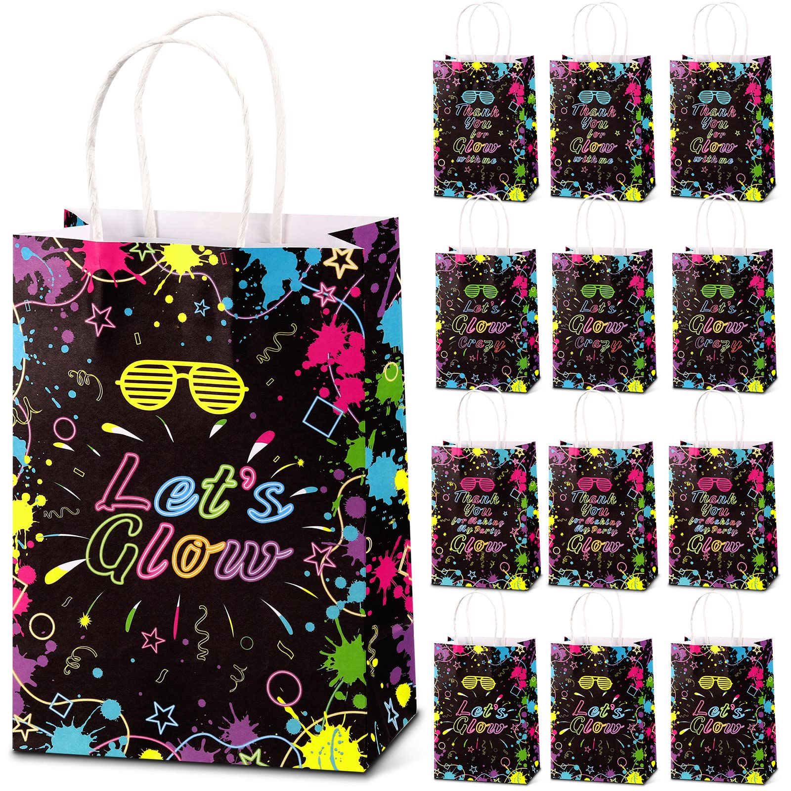 Nezyo 24 Pack Neon Bags Themed Let's Glow in Dark Party Favor Thank You for Glowing with Me Goodie Bags with Handle for Retro 80s 90s Birthday Halloween Party Decoration Supplies